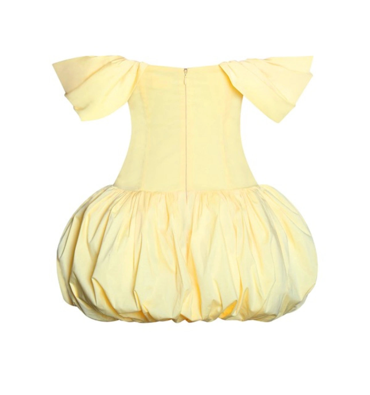 Yellow baby romper with ruffled sleeves on a white background