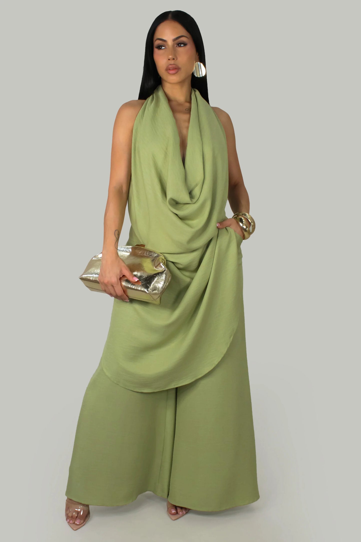 Olive Drape Halter Set